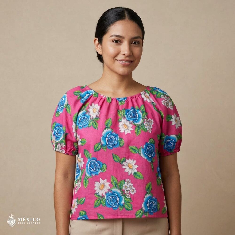 Traditional Mexican Floral Blouse – Lightweight Polyester Folk Style Top